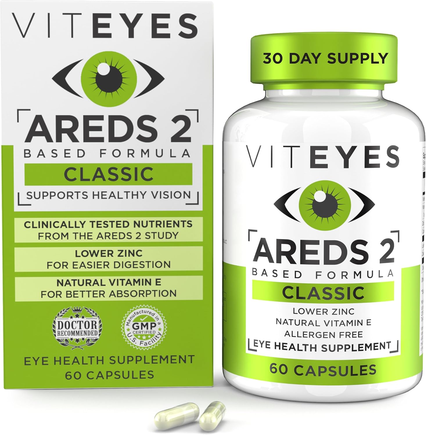 Viteyes AREDS 2 Eye Vitamins, Classic Macular Support, Allergen Free Capsules, with Natural Vitamin E, Vitamin C, Zinc, Copper, Lutein & Zeaxanthin, Eye Doctor Trusted, Manufactured in The USA, 180 Ct
