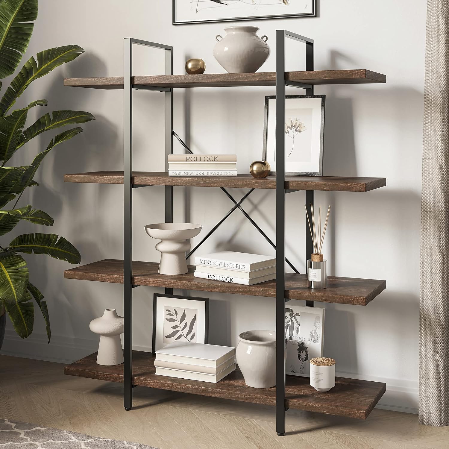 BELLEZE 4 Tier Modern Rustic Industrial Bookshelf, Open Wide Office Etagere Book Shelf