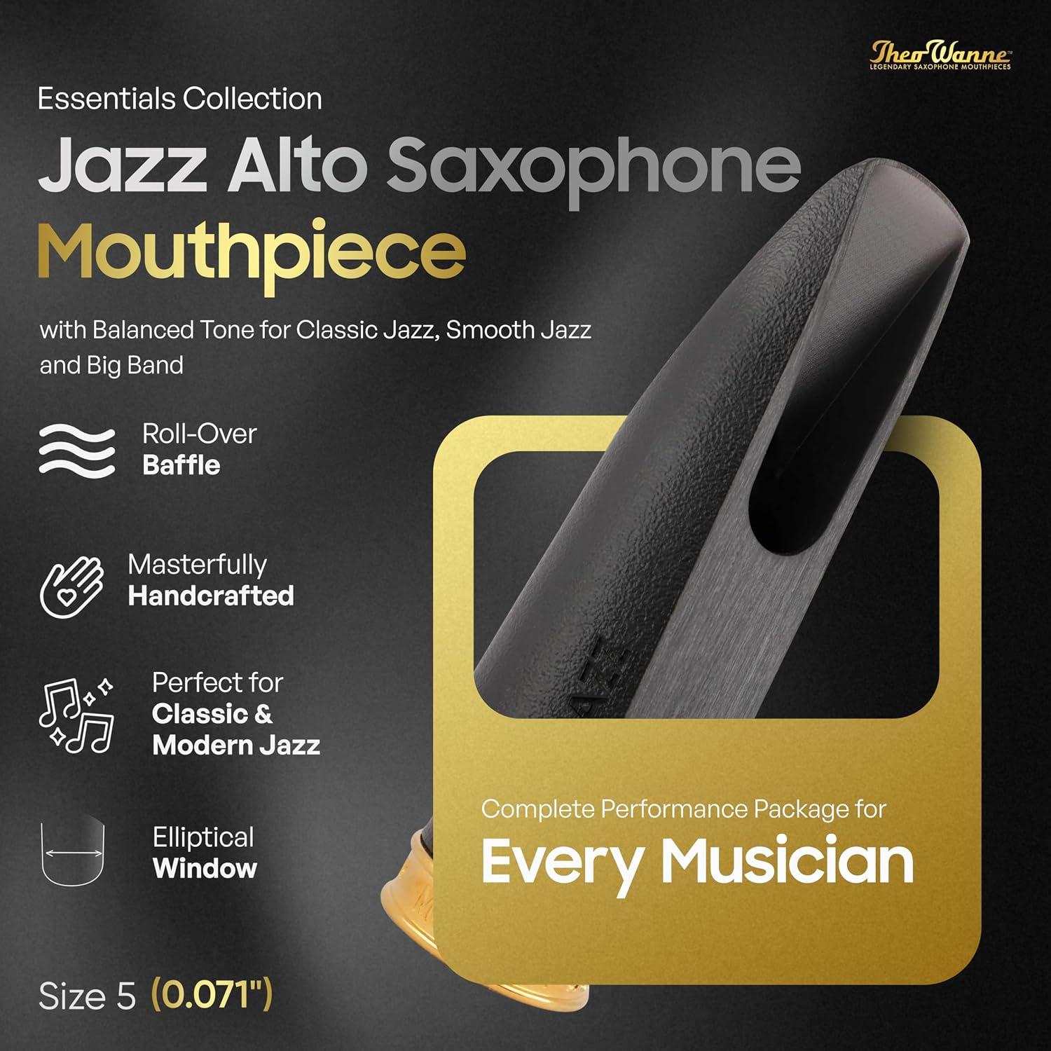 Theo Wanne ESSENTIALS Jazz Alto Saxophone Mouthpiece with Medium Chamber, Roll-Over Baffle & Balanced Tone for Smooth Jazz, Classic & Big Band - Exceptional Clarity Sax Mouthpiece - Size 7 (0.081")