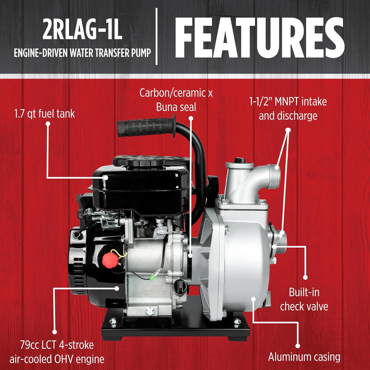 Red Lion 2RLAG-1L 60 GPM Gas Powered Water Transfer Pump, 79' Max. Head