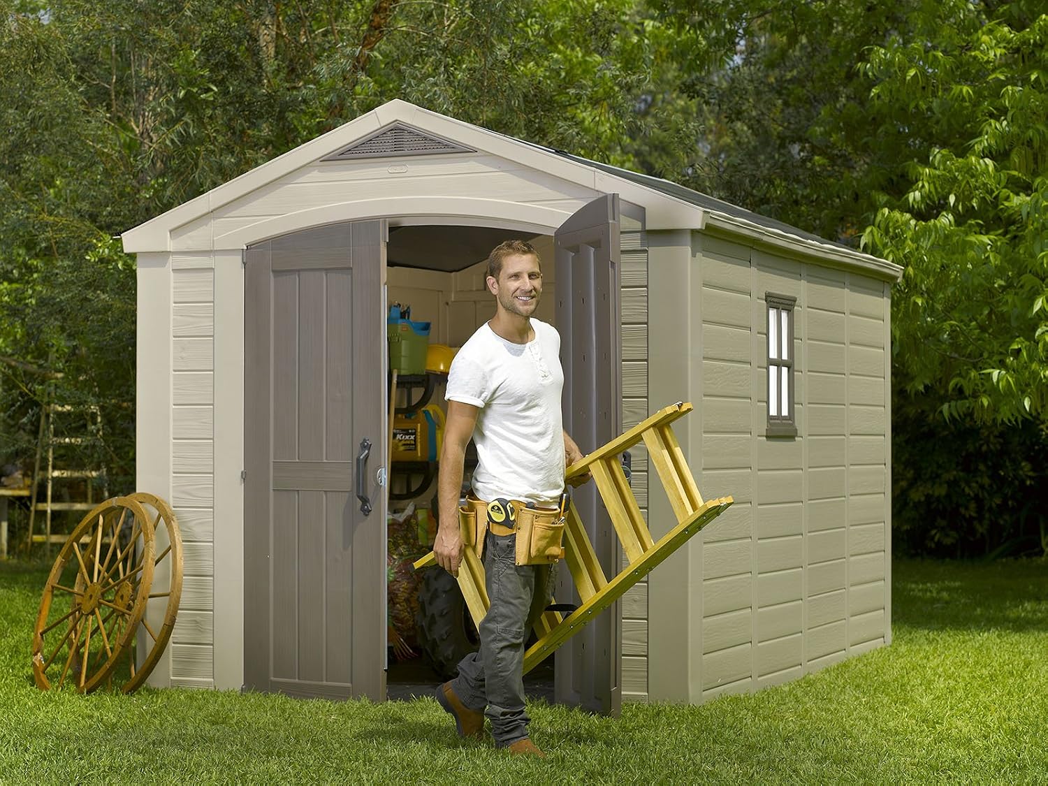 Keter Factor (8x6 ft) Large Resin Outdoor Storage Shed for Patio Furniture, Lawn Mower, Garden Accessories Yard Tools, and Pool Toys, Taupe
