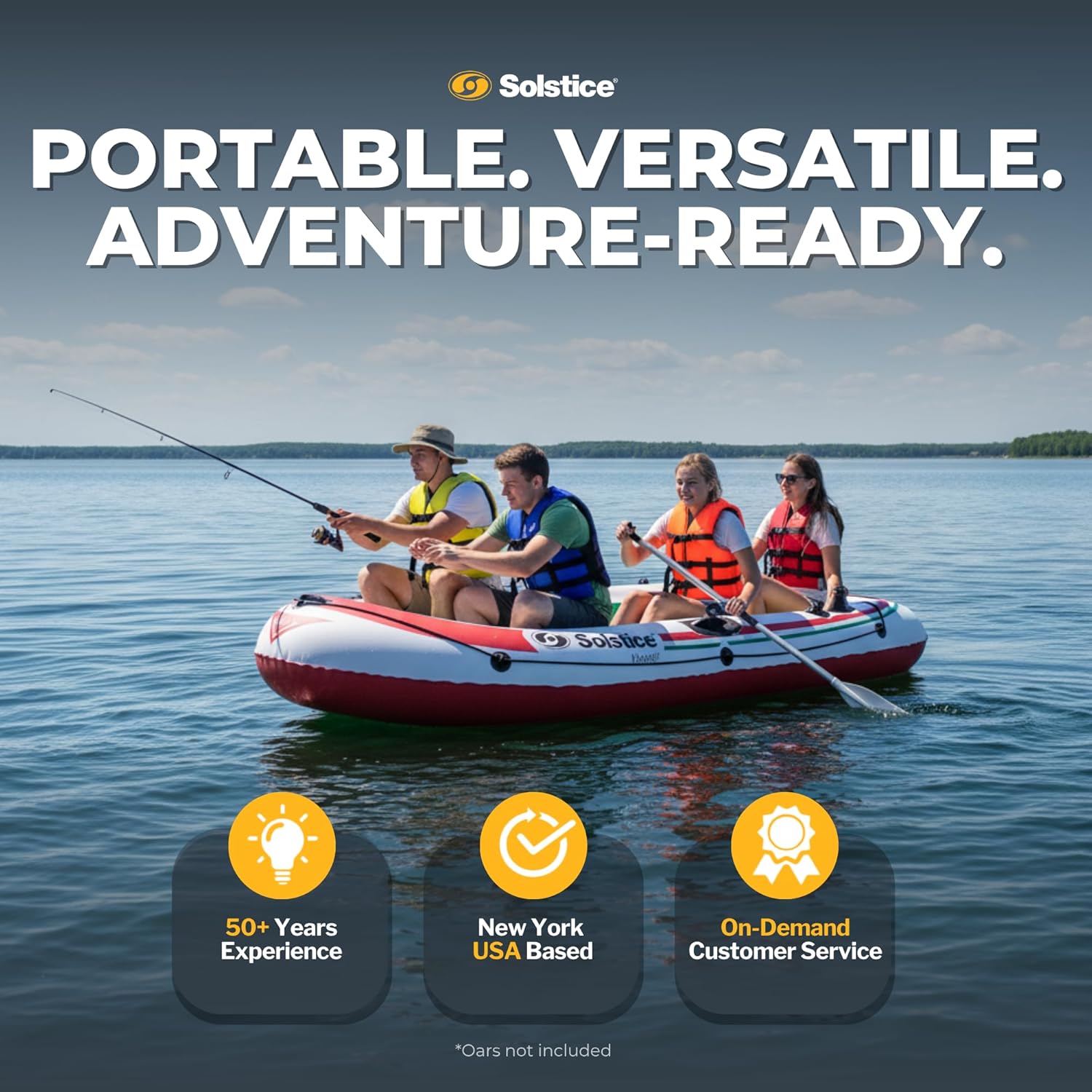 Solstice Voyager 4-Person Inflatable Fishing Boat with Dual Swivel Oar Locks and Rod -Holder, Motor Compatible 9' x 5'
