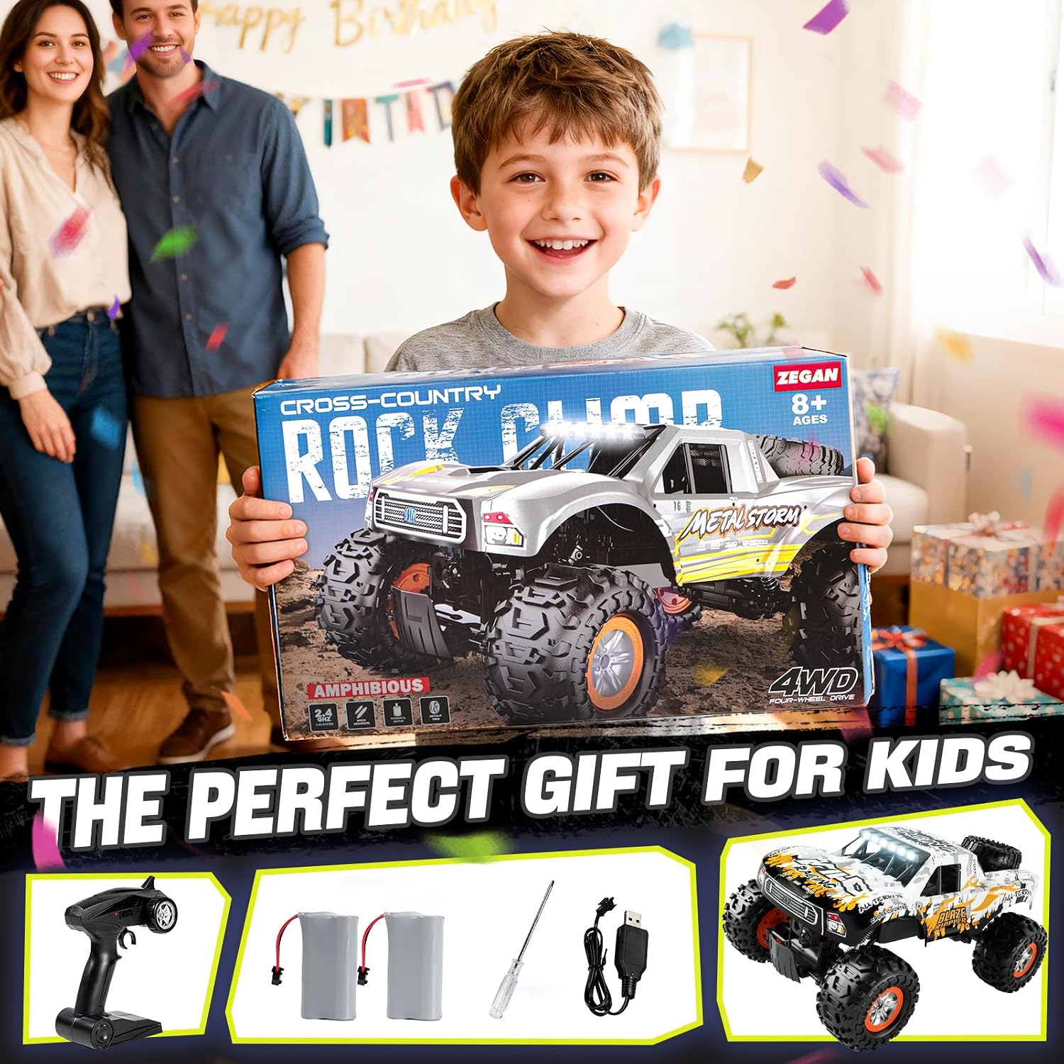 1:10 Amphibious Remote Control Car, 2.4 GHz Waterproof Monster Truck Toys RC Cars, 4WD All Terrain Off-Road Pickup RC Trucks, 2 Batteries 60Mins Play