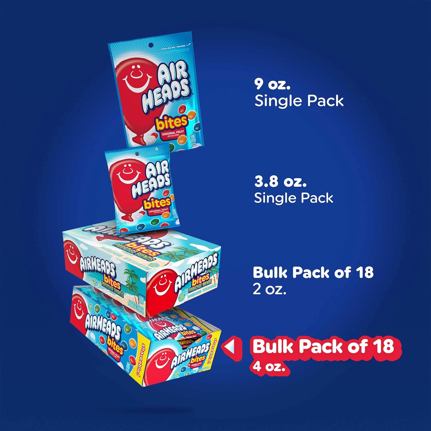 Airheads Candy Bites, Assorted Fruit Flavors, 2 Ounces (18-Pack) | Individually Wrapped Bulk Candy, Chewy Candy Bags