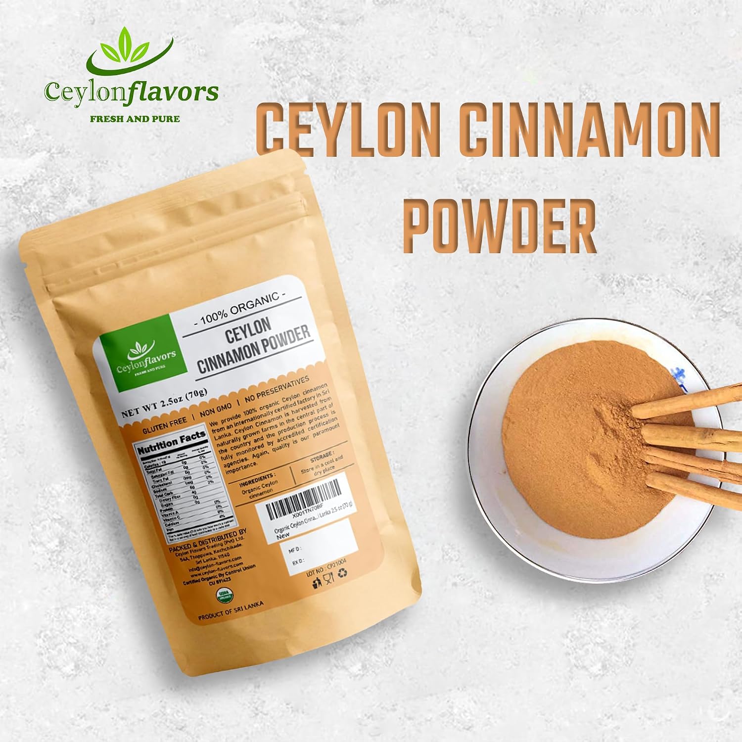 Ceylon Flavors Fresh and Pure USDA Certified Organic Ceylon Cinnamon Powder Premium Grade 2.5oz (70g)
