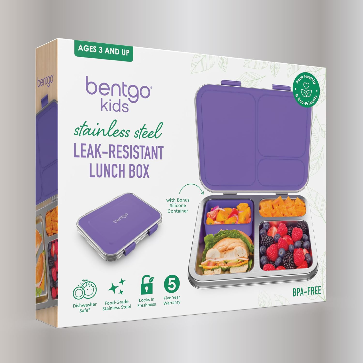 Bentgo Kids Stainless Steel Leak-Resistant Lunch Box, 3 Compartments