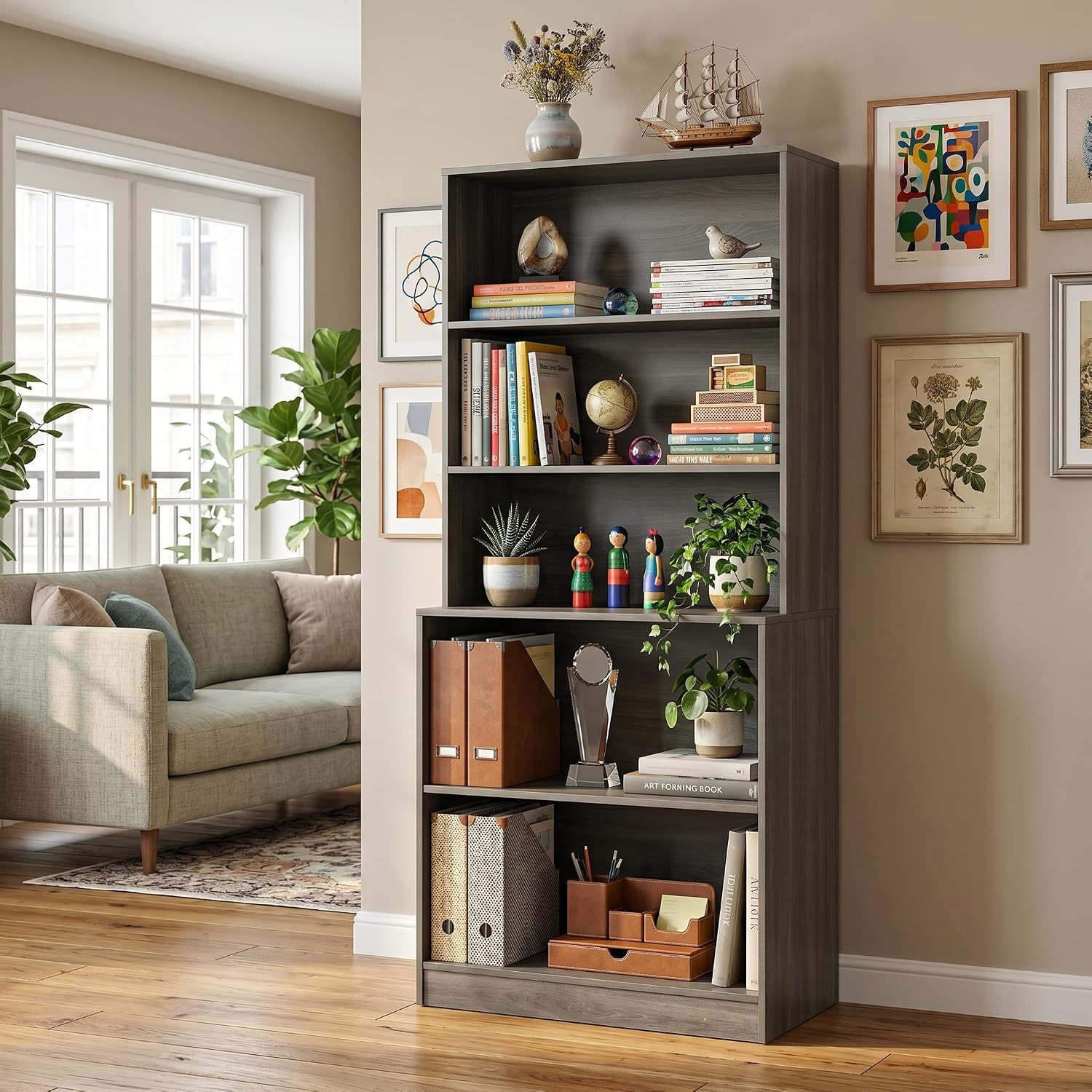 holzart 71" Tall Book Shelf, 5 Tier Large Bookshelf, Standing Wood Display Book Shelf for Living Room, Office, Library with Doors, 31.5" W x 70.87" H x 11.81" D, White