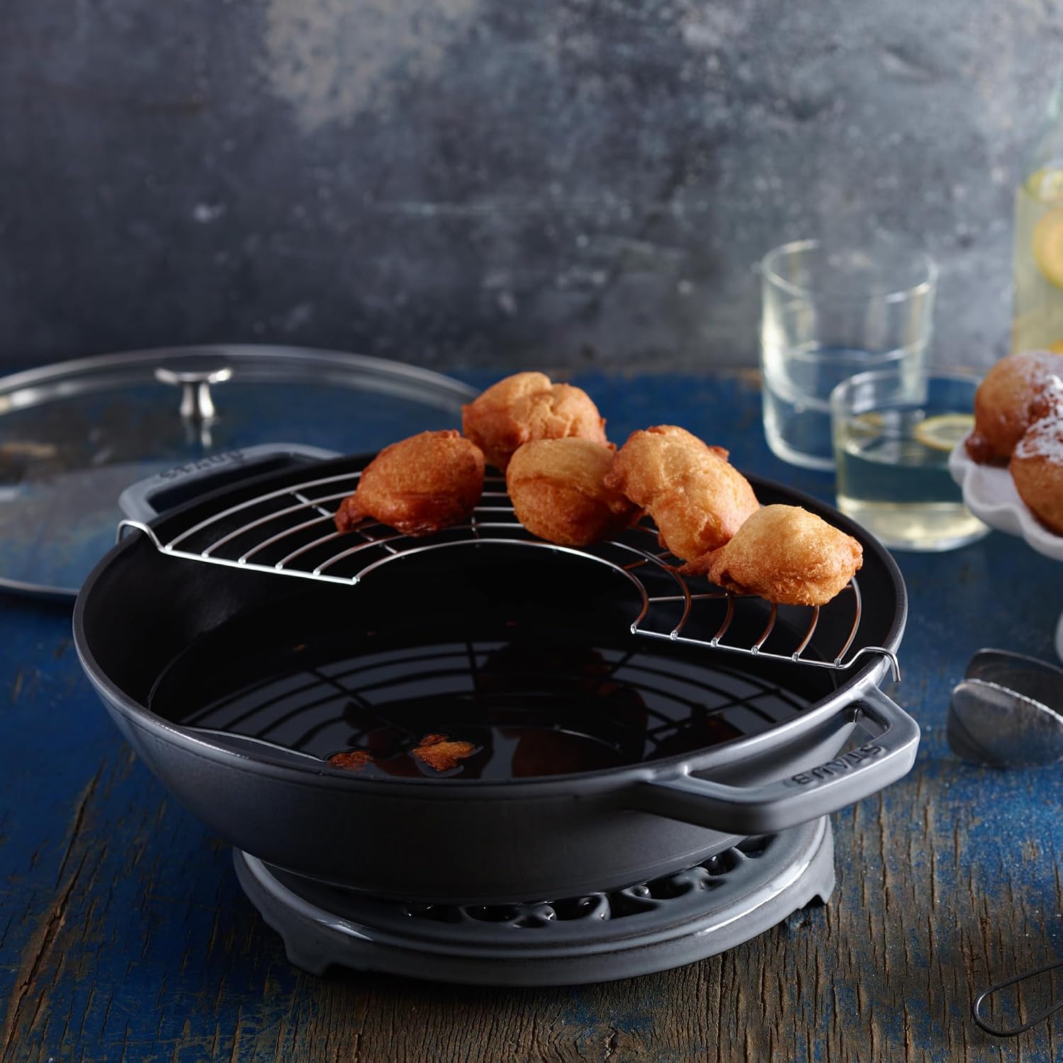 Staub Cast Iron Perfect Pan, Wok, Dutch Oven, 4.5-quart, serves 4-5, Made in France, Dark Blue