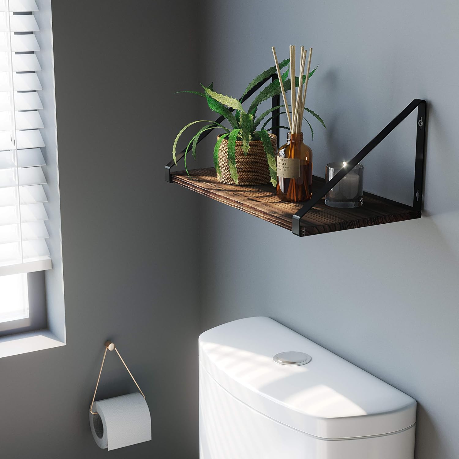 BAMEOS Floating Shelves Rustic Wood Wall Shelf, Small Bookshelf for Living Room, Office, Bedroom, with Metal Bracket