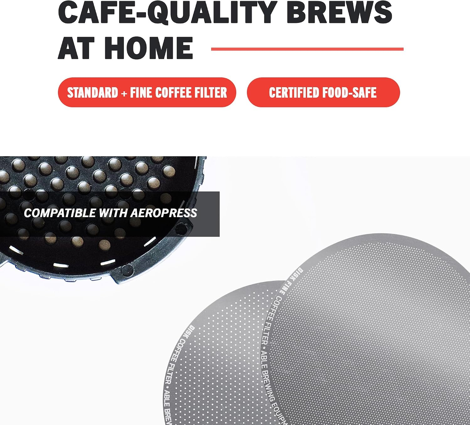 Able - DISK Stainless Steel Coffee Filter, AeroPress Coffee Maker-Compatible, AeroPress Accessories for Home & Cafes, 2.45” Reusable Coffee Filters (254-Micron Standard + 152-Micron Fine), Pack of 2