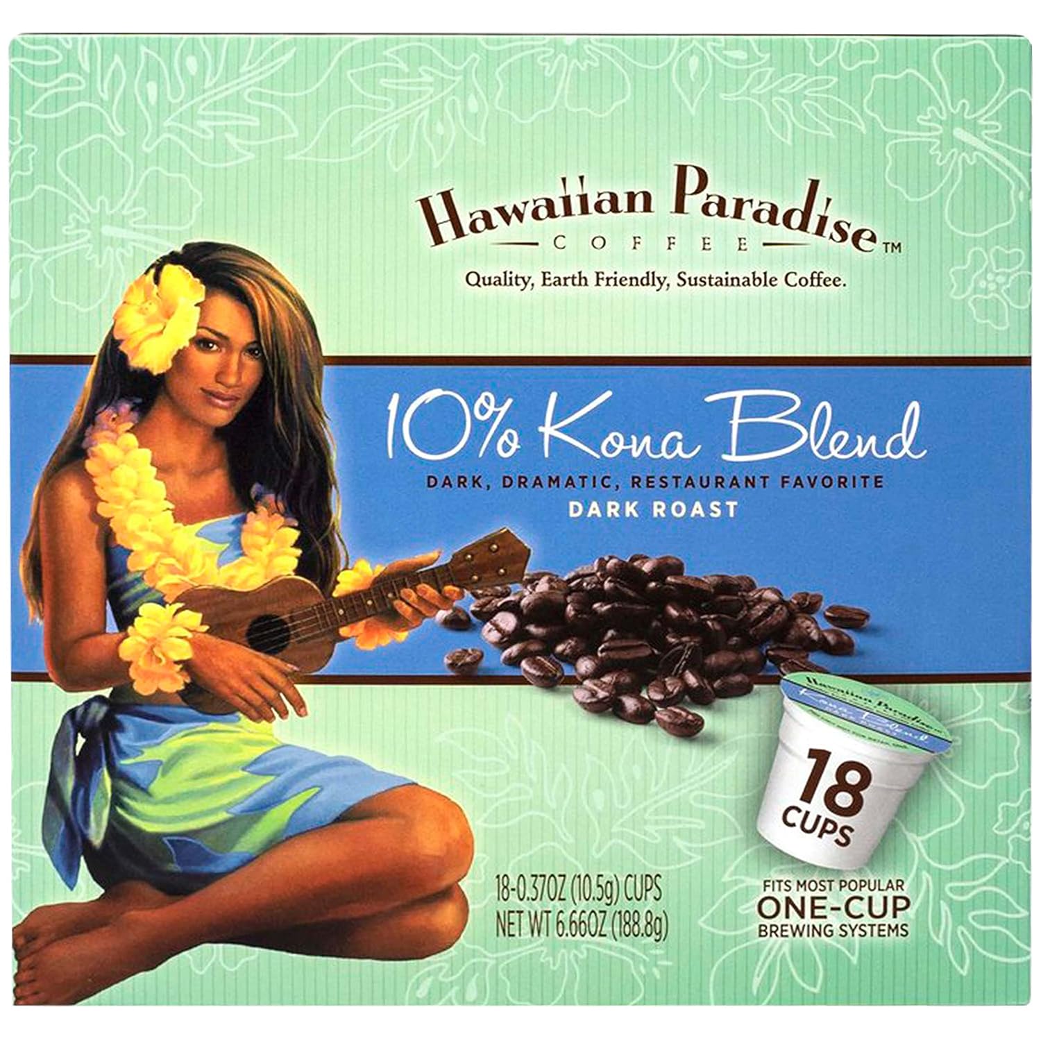 Hawaiian Paradise Coffee 10% Kona Blend Single Serve Cups 18 Count Dark Roast - Made From The Finest Beans - Compatible with Keurig K-Cup Brewers