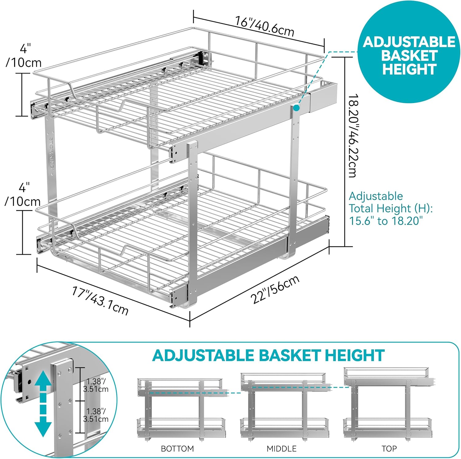2 Tier Pull Out Cabinet Organizer 11" W X 22" D, Chromed, Full Slide Out