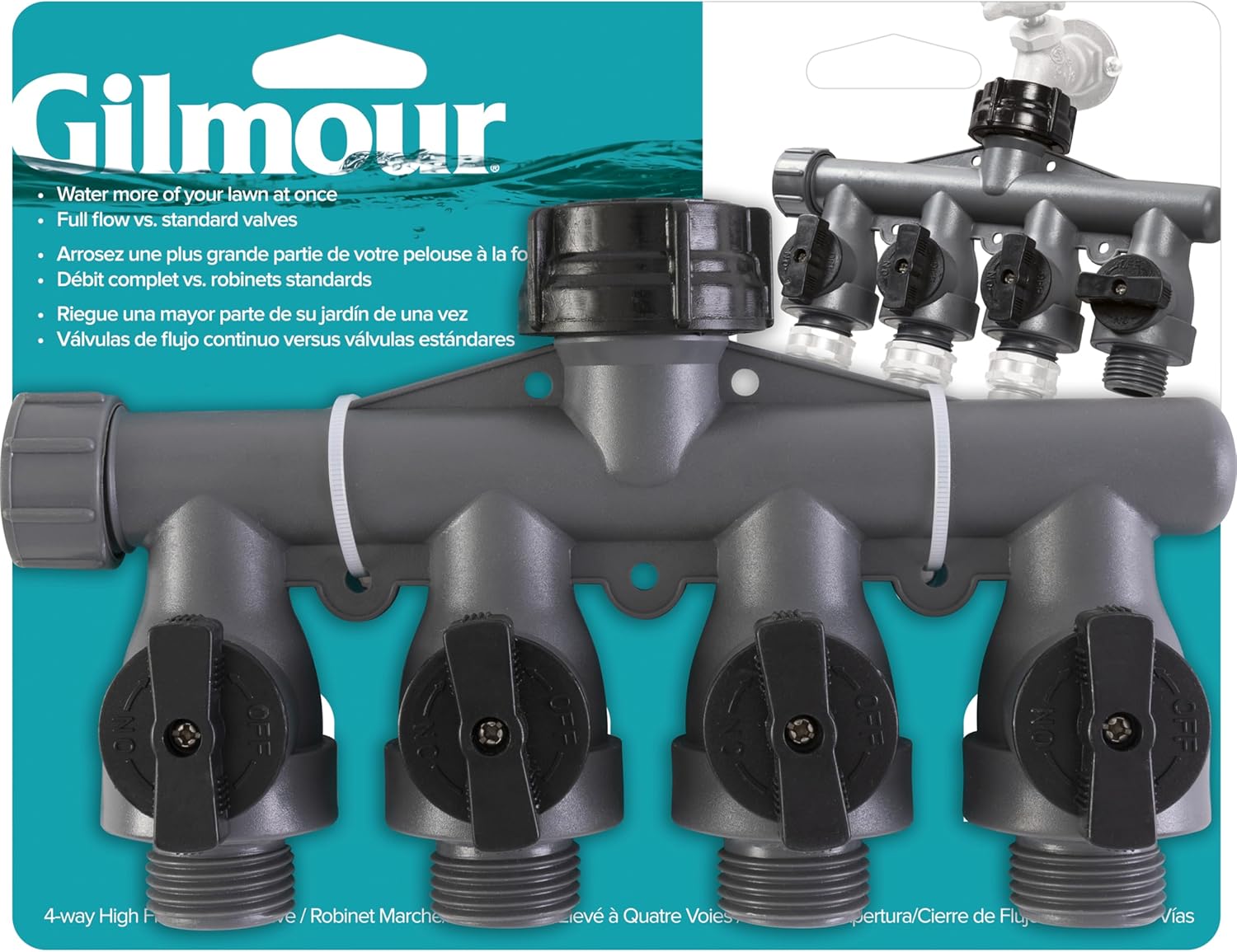 Gilmour Heavy Duty 4 Way Garden Hose Splitter, Quad Water Hose Splitter with Shut Off Valve, Polymer Water Manifold | Quad Water Manifold, Full Flow
