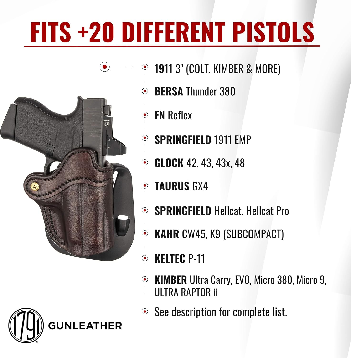 1791 Optic Ready Paddle Holster Fits Glock 43X, 43, 48, FN Reflex, Sig P365