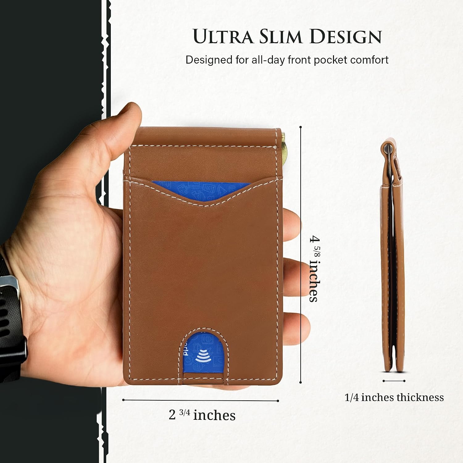 Genuine Bison Leather Wallet for Men, RFID Slim, Brown | Genuine bison leather wallet for men with RFID blocking and curved front pocket fit. Rugged slim everyday carry, brown.