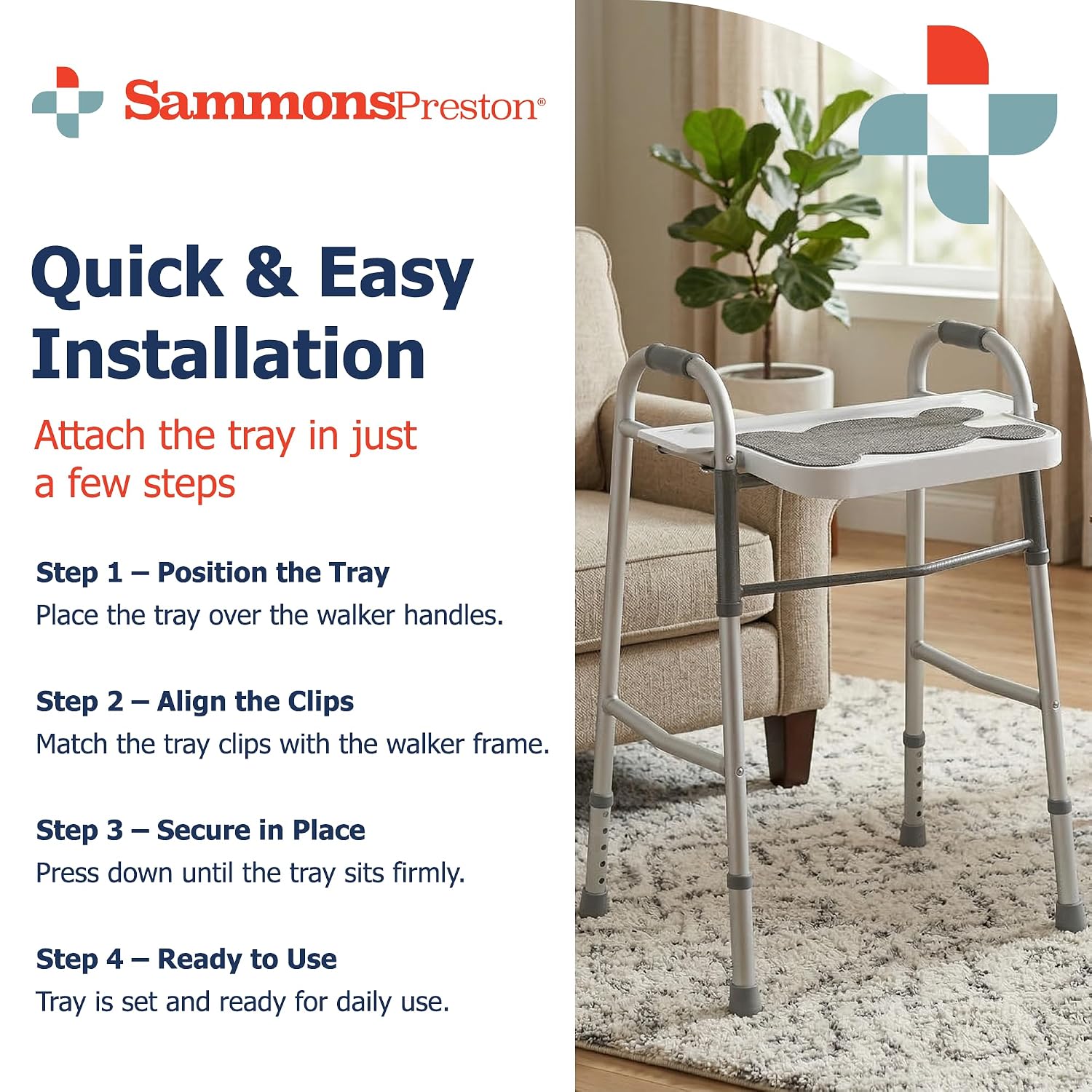 Sammons Preston Standard Walker Tray, Clip-On Surface with Cup Holders, Lightweight Raised-Edge Design for Bariatric Walkers, Stable Dining and Utility Support for Seniors and Mobility Aid Users