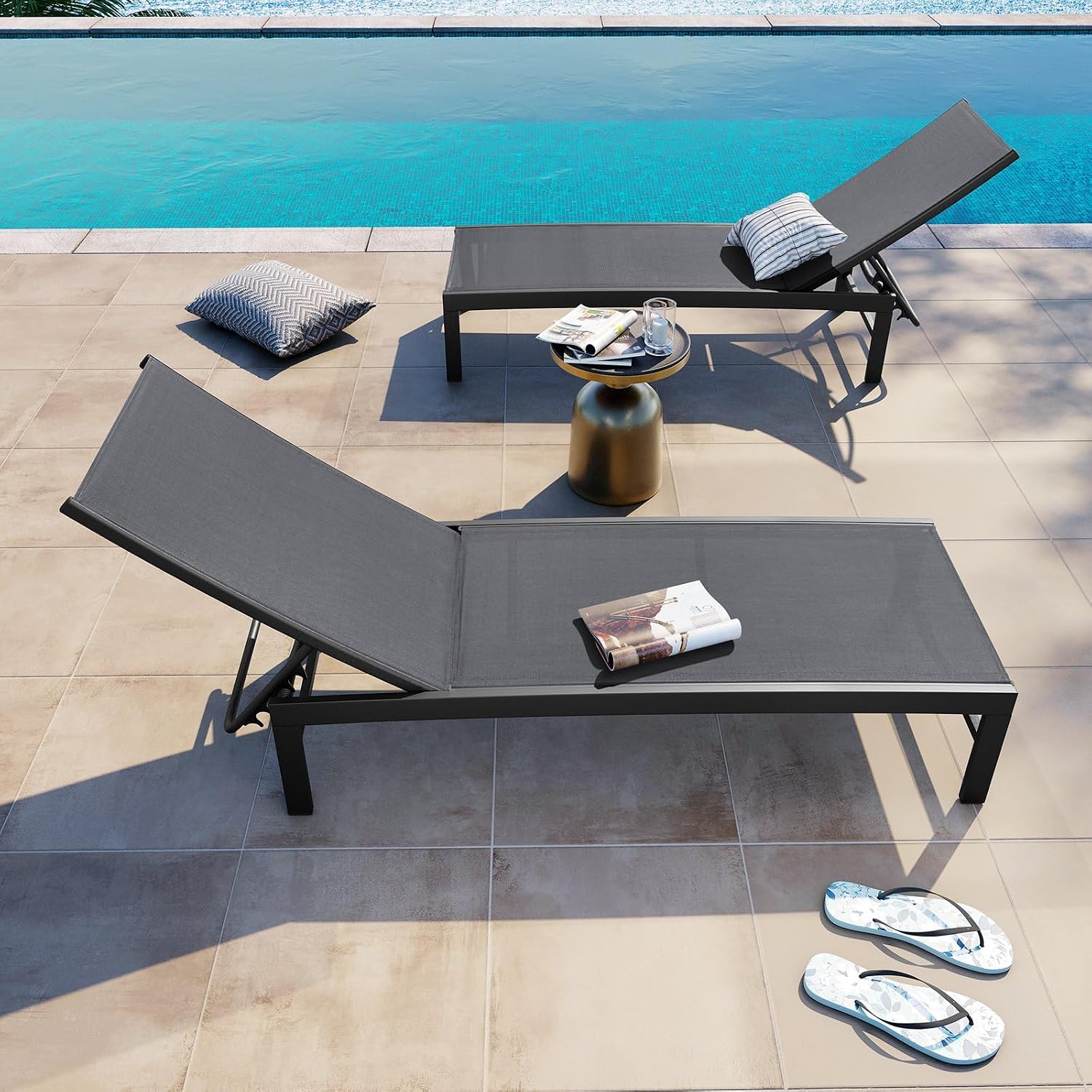 Crestlive Products Outdoor Pool Lounge Chairs Set of 2 with Side Table, Adjustable Five-Position Recliner for Beach, Pool, Sunbathing, Lawn