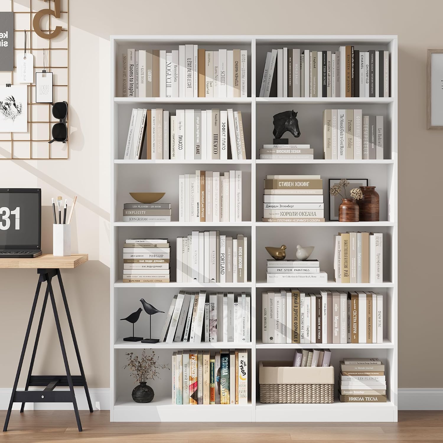 Bookshelf Tall Bookcase, 6-Tier Double Wide Bookshelves, White | Freestanding Display Storage Shelves, Tall and Large Book Shelves for Home Decor Bedroom, Living Room, Home Office, Library