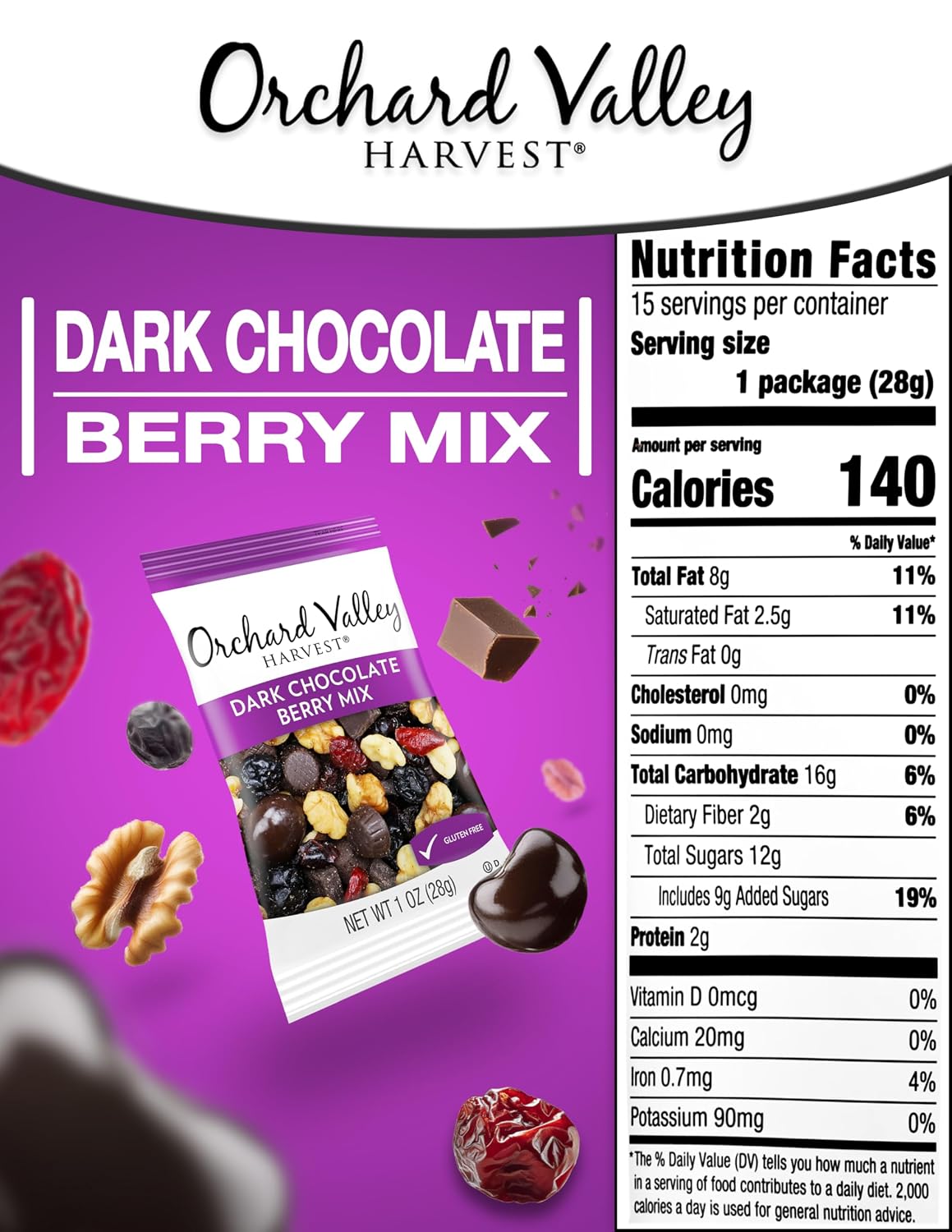 Orchard Valley Harvest Choc Nut Mix Multipack, 1 oz, Pack of 8 | Dark Chocolate Raisins, Almonds & Peanuts, Gluten Free, Stand Up Bag, Non-GMO, 4g Plant Protein, On-The-Go Snack