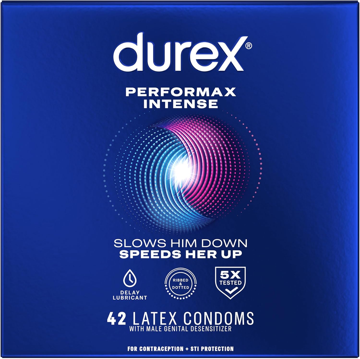 Condoms, Ultra Fine, Ribbed, Dotted with Delay Lubricant, Durex Performax Intense Natural Rubber Latex Condoms, 12 Count, Contains Desensitizing Lube for Men