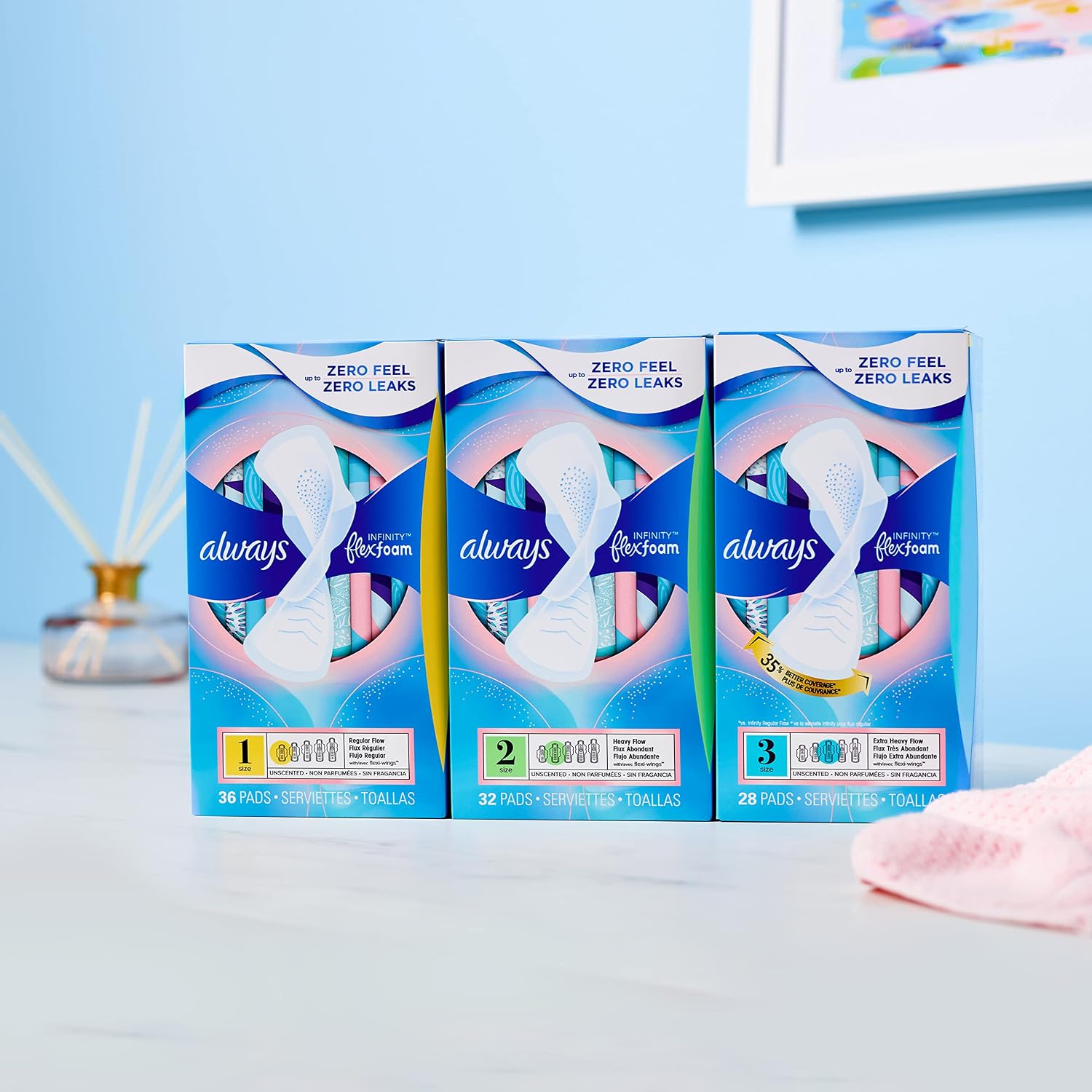Always Infinity Feminine Pads for Women, Size 2 Heavy Flow Absorbency,with Flexfoam, with Wings, Unscented, 32 Count