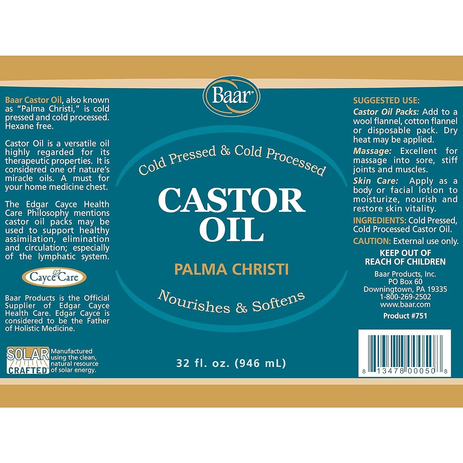 Baar Cold-Pressed Castor Oil, Cold-Processed, Hexane-Free, Palma Christi, for Skin, Hair, Massage & Castor Oil Packs, BPA-Free Bottle, 32 oz | Hexane free, Palma Christi oil, BPA-free bottle, skin, hair and massage applications