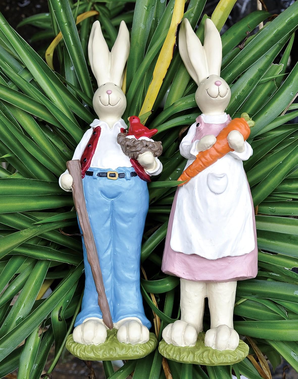 Easter Bunny Decorations Couple Rabbit Holding Bird Chutes and Carrot, Hand-Painted Crafts Statue