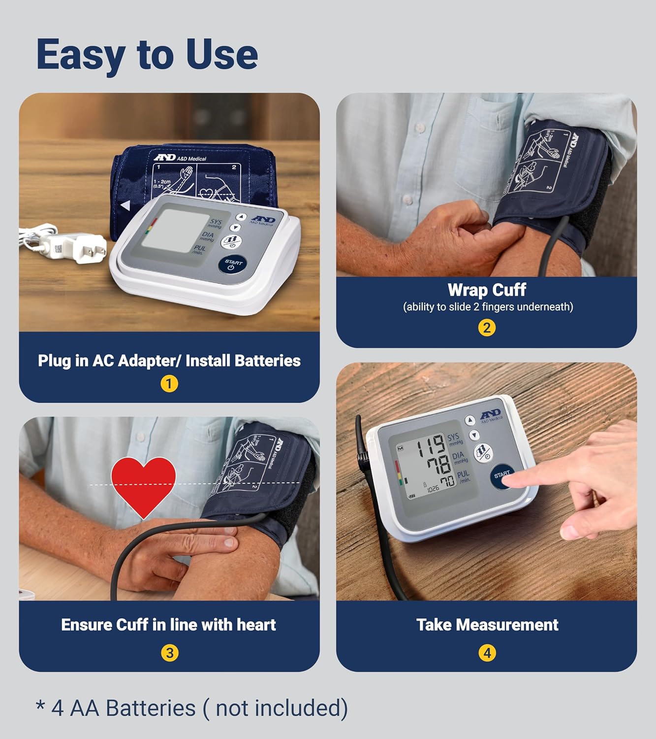 A&D Medical UA-767F Blood Pressure Monitor, 4 Users, Wide Cuff 8.6-16.5" | Wide-Range Cuff (8.6-16.5"), One Button Operation, 60 Readings Per User (4), Cuff Fit Detection Error, Includes 4 Batteries
