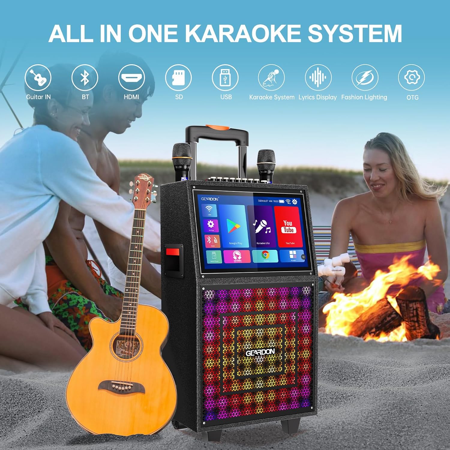 Karaoke Machine with Lyrics Display Screen for Adults, 15" Tablet | Bluetooth Speaker with 2 Rechargeable UHF Mics, 1000W Peak Power, DJ Lights, Portable Karaoke System for Any Occasion