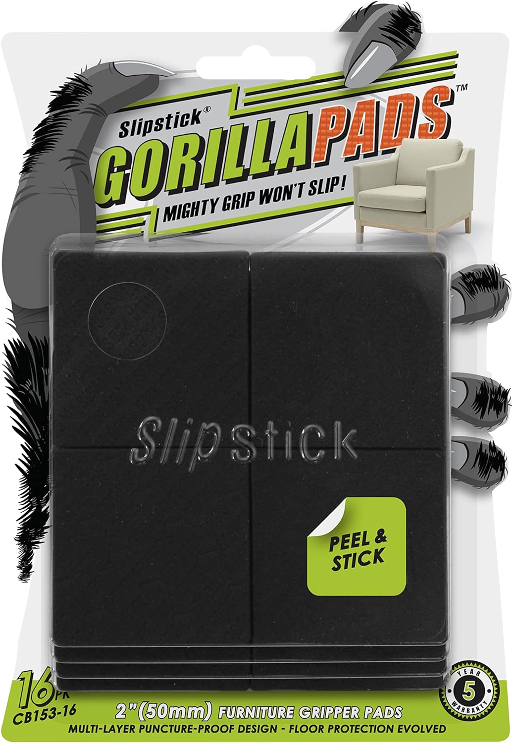 Slipstick GorillaPads CB149 Non-Slip Furniture Pads/Rubber Grippers (Set of 8) Self-Adhesive Furniture Feet Floor Protectors, 1-1/2 inch Round, Black