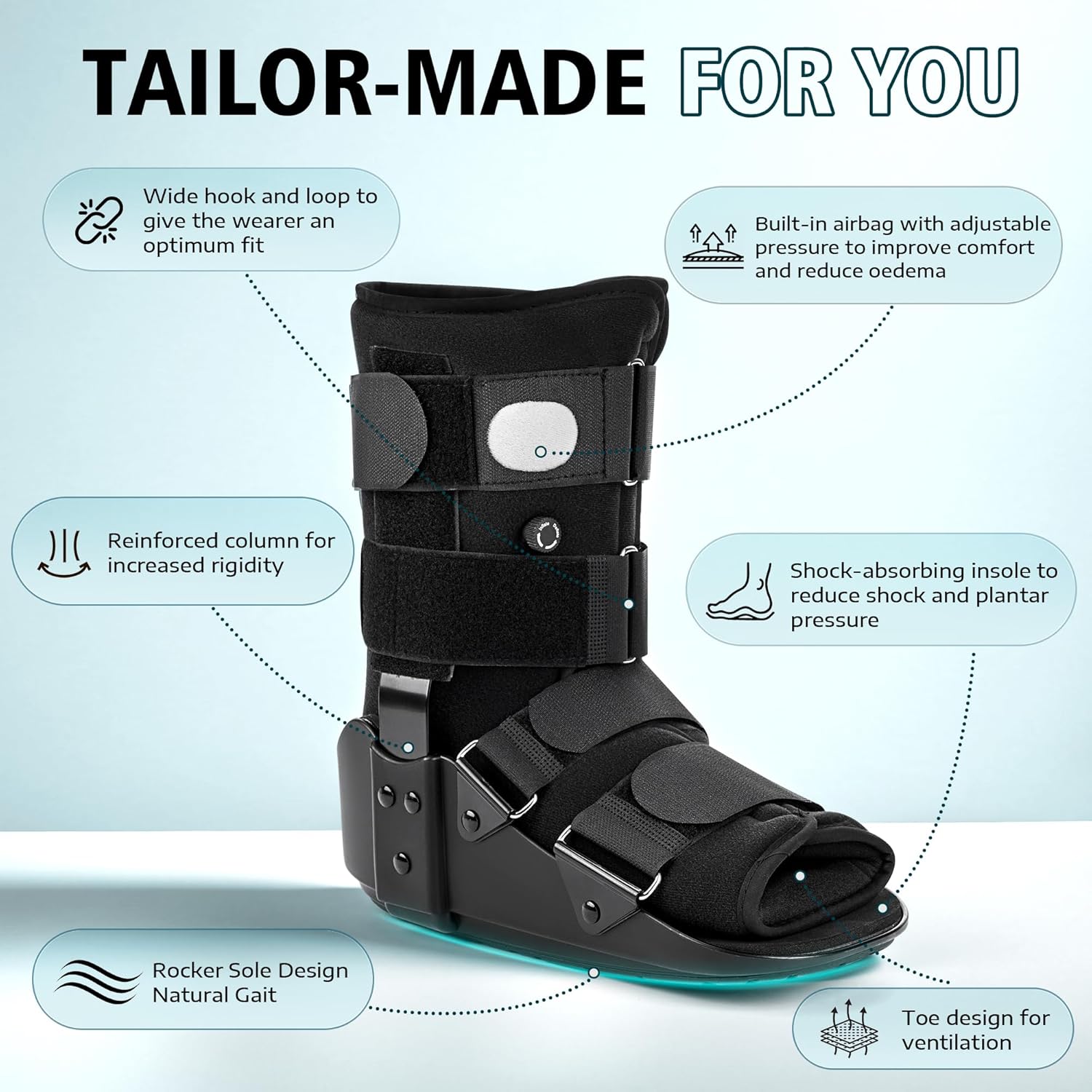 Medibot Advanced Walking Boot for Ankle Injuries & Fractures Adjustable Air Splint with Pump, Large Black, Fits Shoe Size 9.5-13.5'', Men and Women