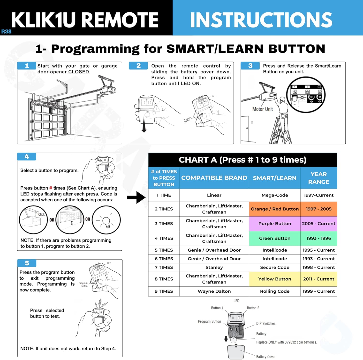 2X Universal Garage Door Opener Remote KLIK1U 375UT 375LM Garage Clicker