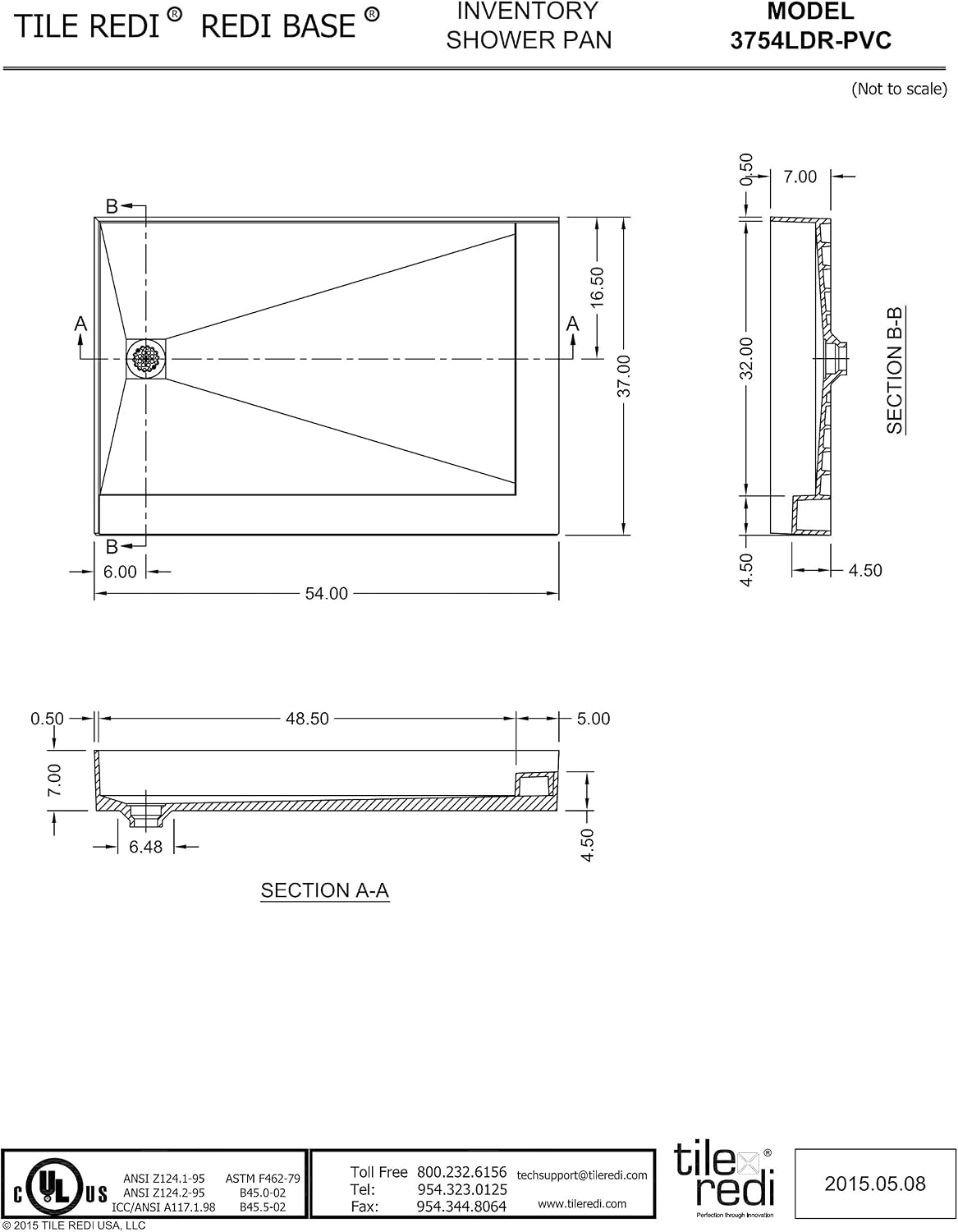 Tile Redi B3754L-DRRDPVZ Shower Pan Kit with Flashing, Left Drain- Double Curb Shower Base, 2" PVC Drain and Plate Included, 54" Width x 37" Depth