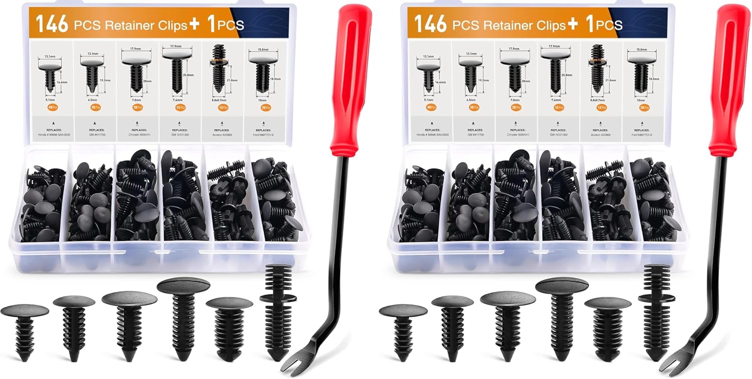 GOOACC 146PCS Nylon Bumper Shield Retainer & Double End Xmas Tree Retainers Clips Universal Auto Body Shield Retainer Fastener Clip Assortment- Bonus Fastener Remover
