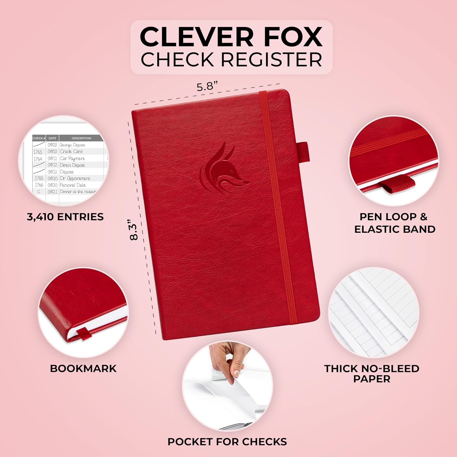 Clever Fox Check Register Book, Checkbook Ledger, 5.8x8.3 Purple