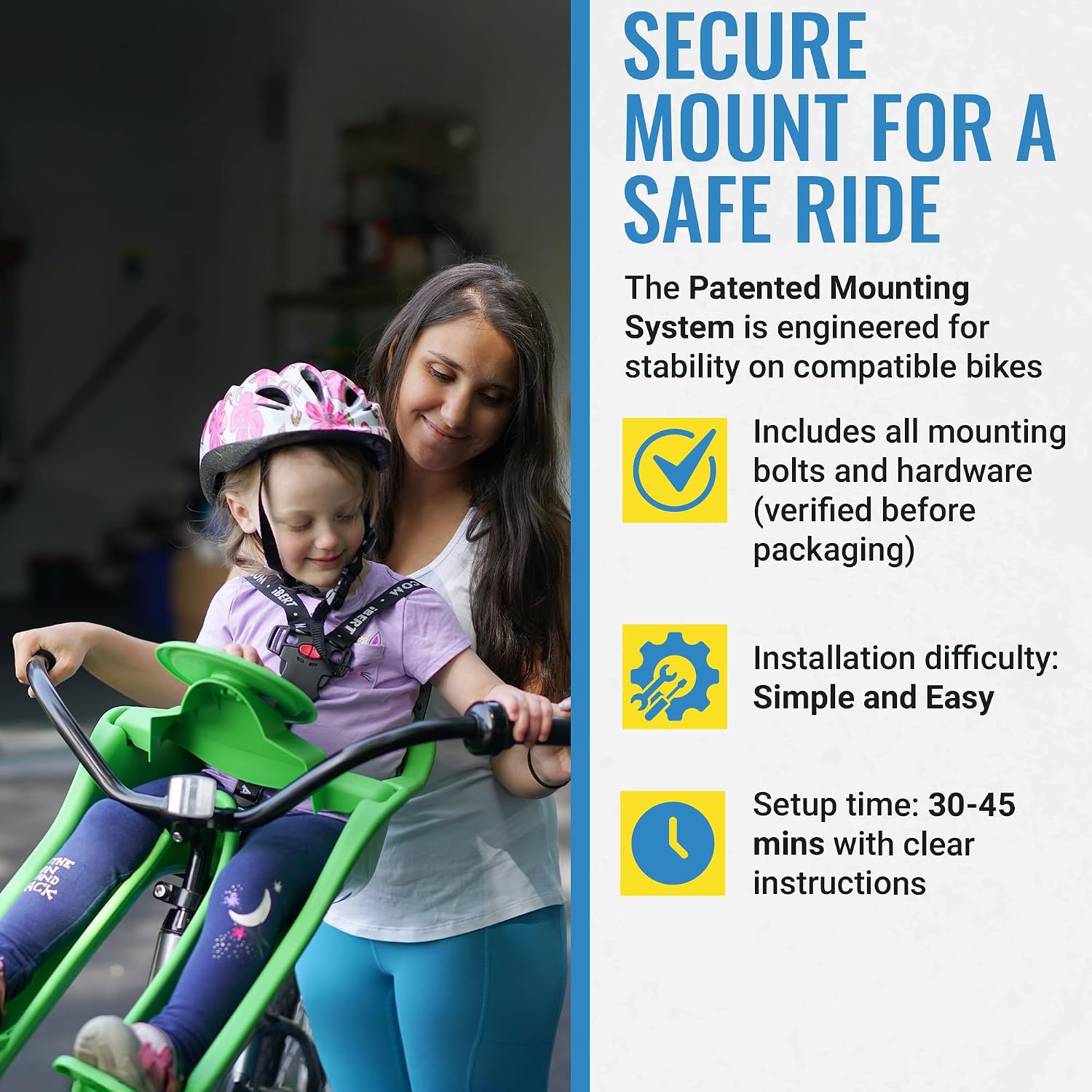 Front Mounted Child Seat with Patented Mounting for Easy and Secure Installation - Child’s Bike Seat with 3-Point Safety Harness and Adjustable