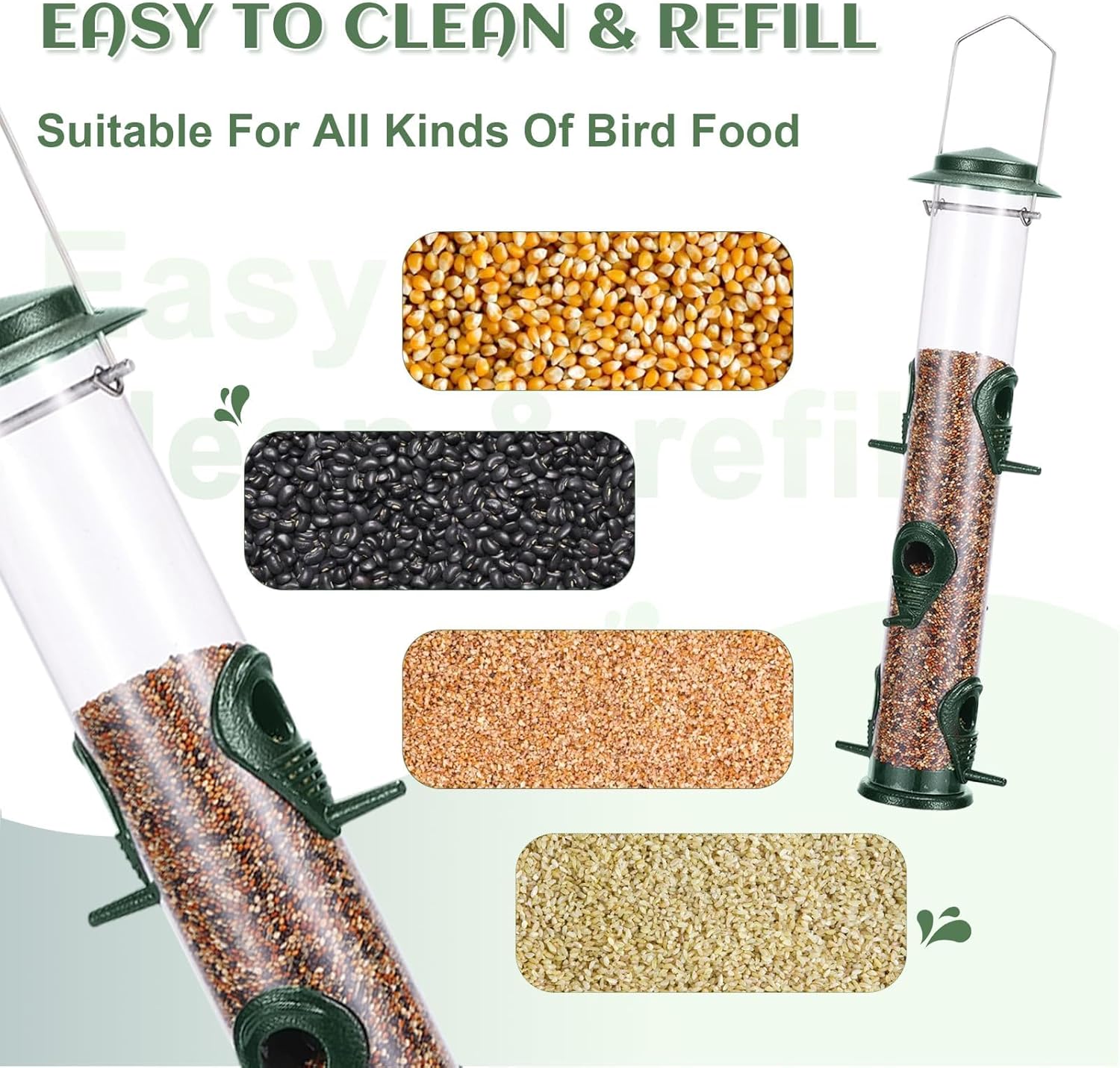 MIXXIDEA 1PK Metal Bird Feeders with 6 Feeding Ports, Tube Bird Feeder with Steel Hanger, Hard Plastic Wild Bird Feeder for Outdoors Hanging