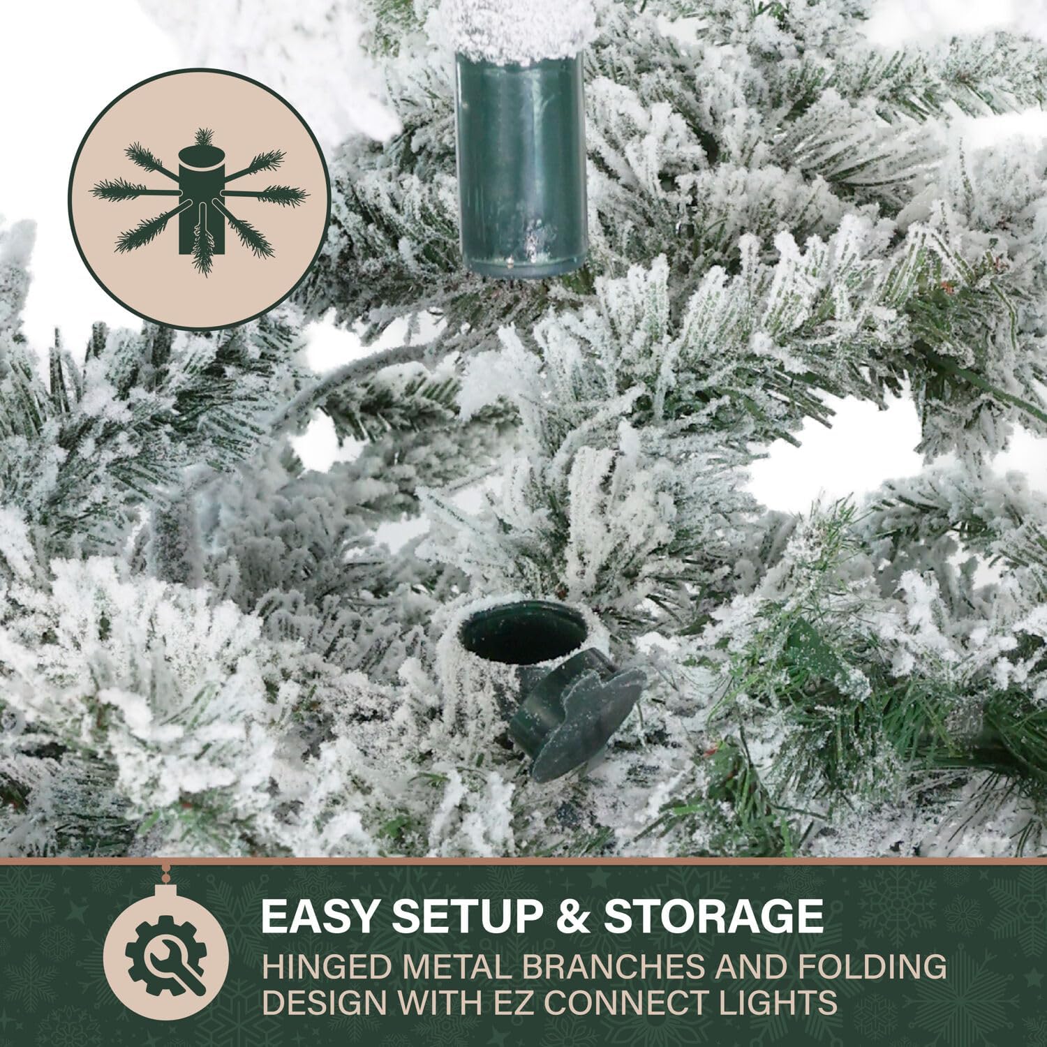 Fraser Hill Farm 7.5-Ft. Mountain Pine Flocked Artificial Christmas Tree with Stand, Unlit Foldable Fake Tree with Realistic Snowy Foliage for Home Decoration