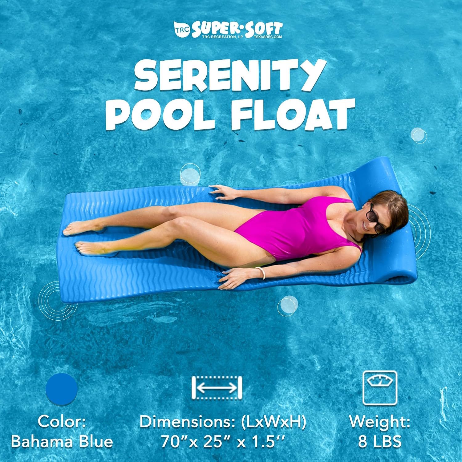 TRC Recreation Serenity 1.5” Thick Vinyl Coated Foam Swimming Pool Float Mat Adult Lounger with Built-in Roll Pillow