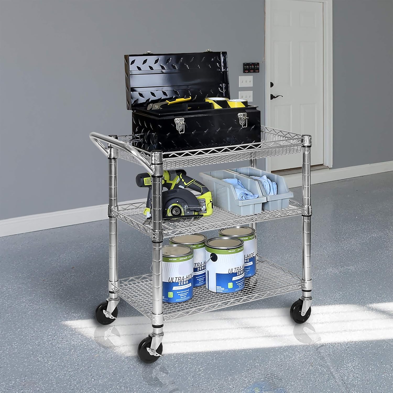 Seville Classics UltraDurable NSF Commercial Heavy Duty Metal Rolling Utility Cart, w/ Steel Shelves, Handle Bar for Restaurant, Garage, Warehouse, Kitchen, Office, Top Shelf (36"W x 18"D)