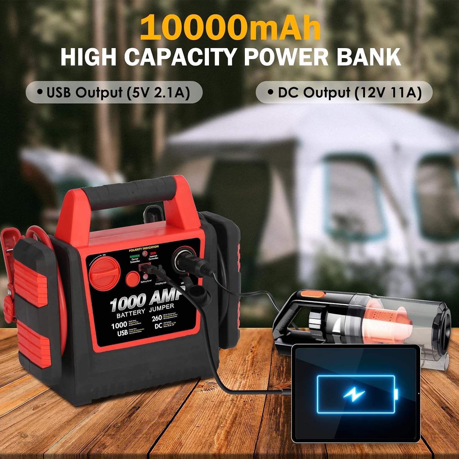 Car Battery Jump Starter-1000Amp 12V Lead-Acid Battery Jump Box with 260PSI Air Compressor, 10000 mAh Portable Power Station