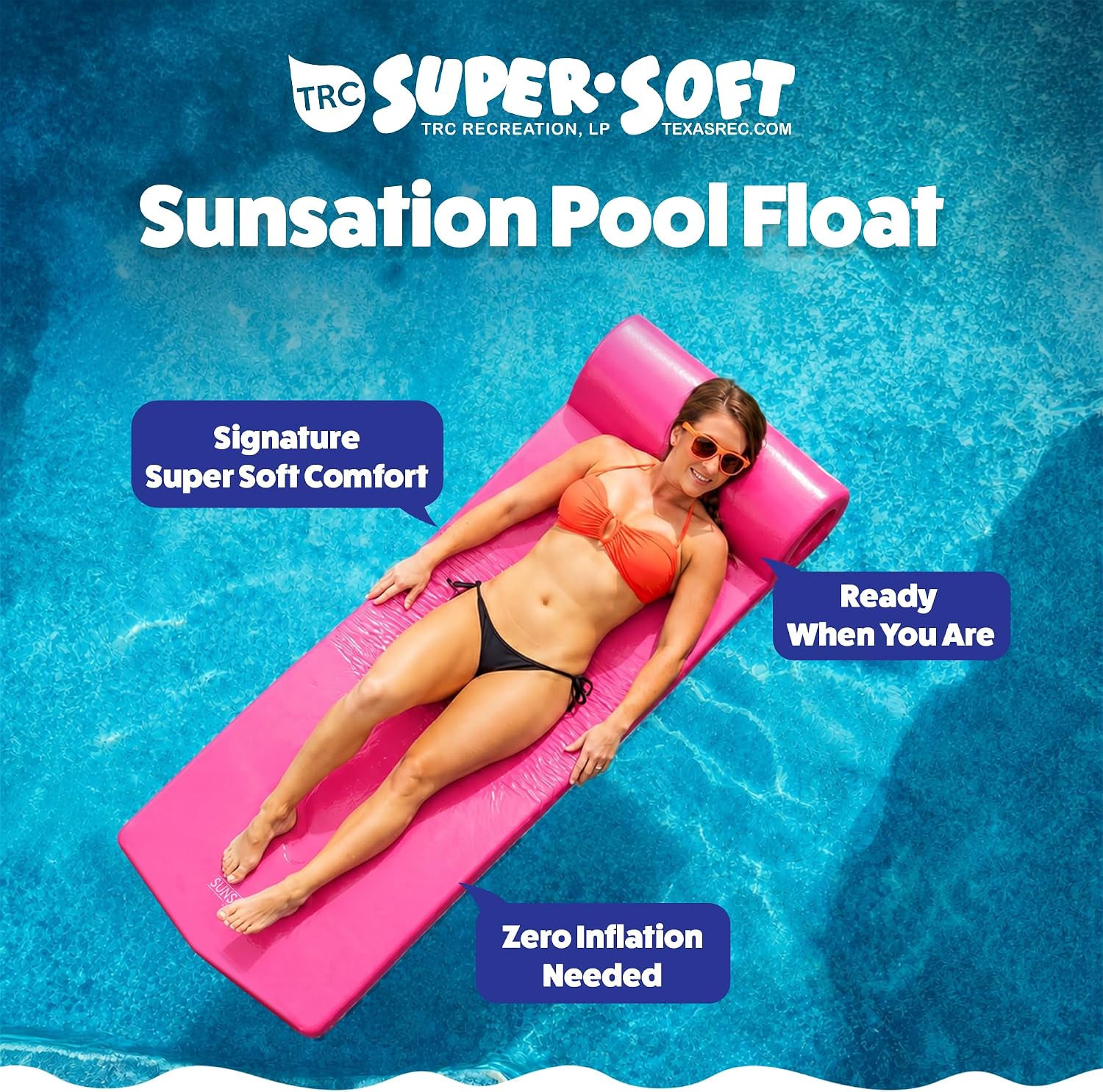 TRC Recreation Sunsation 1.75" Thick Foam Pool Float Lounger w/ Headrest for Lounging & Sunbathing in Swimming Pools, Beaches & Lakes, 70" x 26