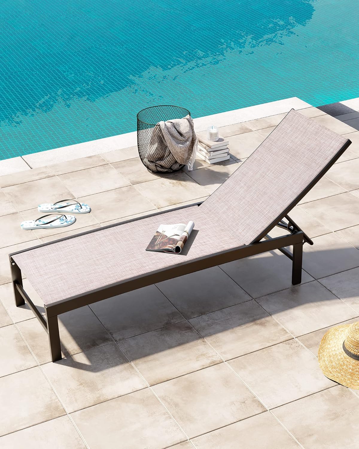 Crestlive Products Outdoor Pool Lounge Chairs Set of 2 with Side Table, Adjustable Five-Position Recliner for Beach, Pool, Sunbathing, Lawn
