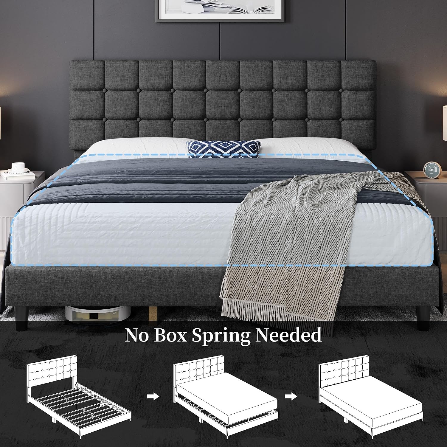 Yaheetech Full Size Upholstered Tufted Bed Frame with Headboard, Dark Gray | Sturdy engineered wood frame with linen fabric upholstery features a soft tufted headboard for easy assembly and support