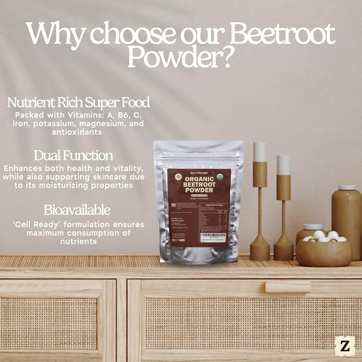 1 lb. Premium Organic Beetroot Powder. 100% USDA Certified. More Fiber and Less Sugar Than Beet Juice. All Natural Energy Boost