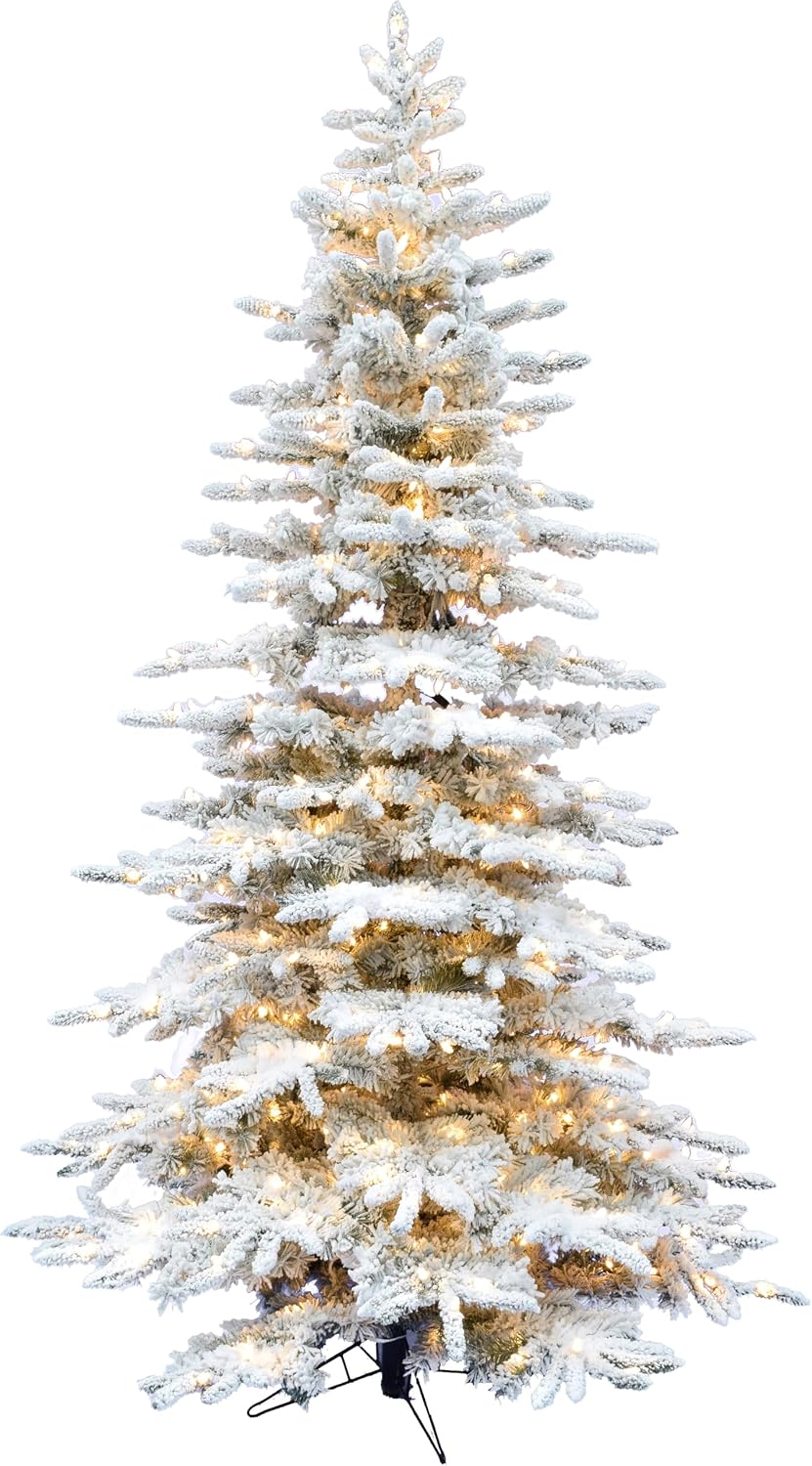 Fraser Hill Farm 7.5-Ft. Mountain Pine Flocked Artificial Christmas Tree with Stand, Unlit Foldable Fake Tree with Realistic Snowy Foliage for Home Decoration
