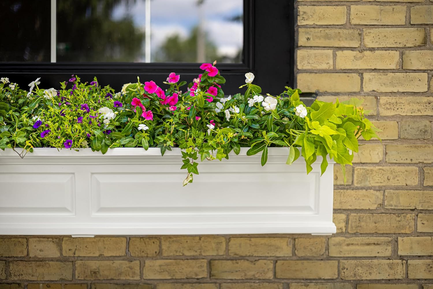 Mayne Nantucket 36in Self-Watering Rectangular Window Box Planter, White | Self-watering, All season, Fade resistant, Mounting brackets included, Built-in overflow, 15-year warranty
