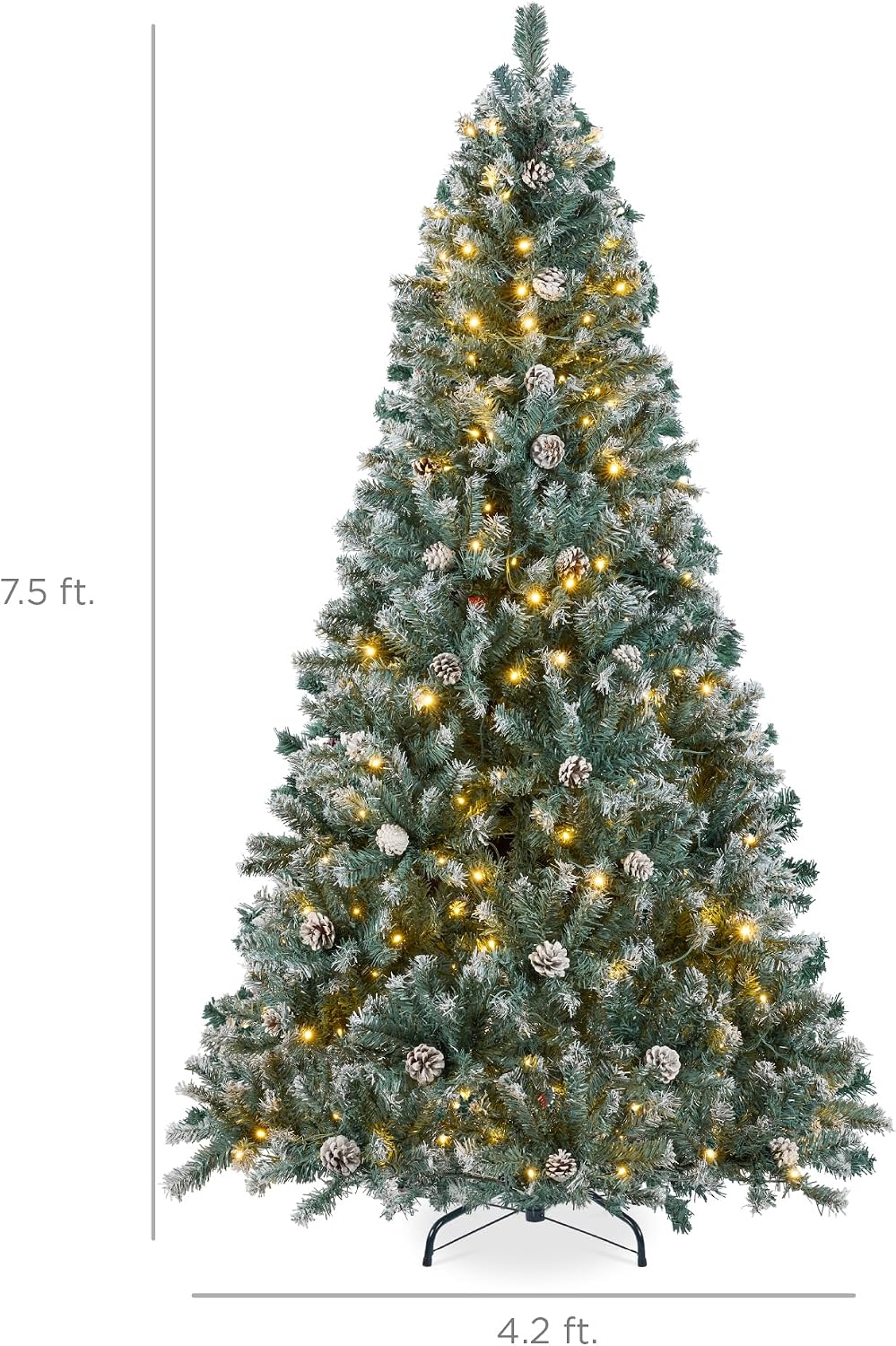 Best Choice Products 7.5ft Pre-Lit Pre-Decorated Pine Artificial Christmas Tree w/Twinkling LEDs, 1, 346 Flocked Frosted Tips, 80 Pinecones