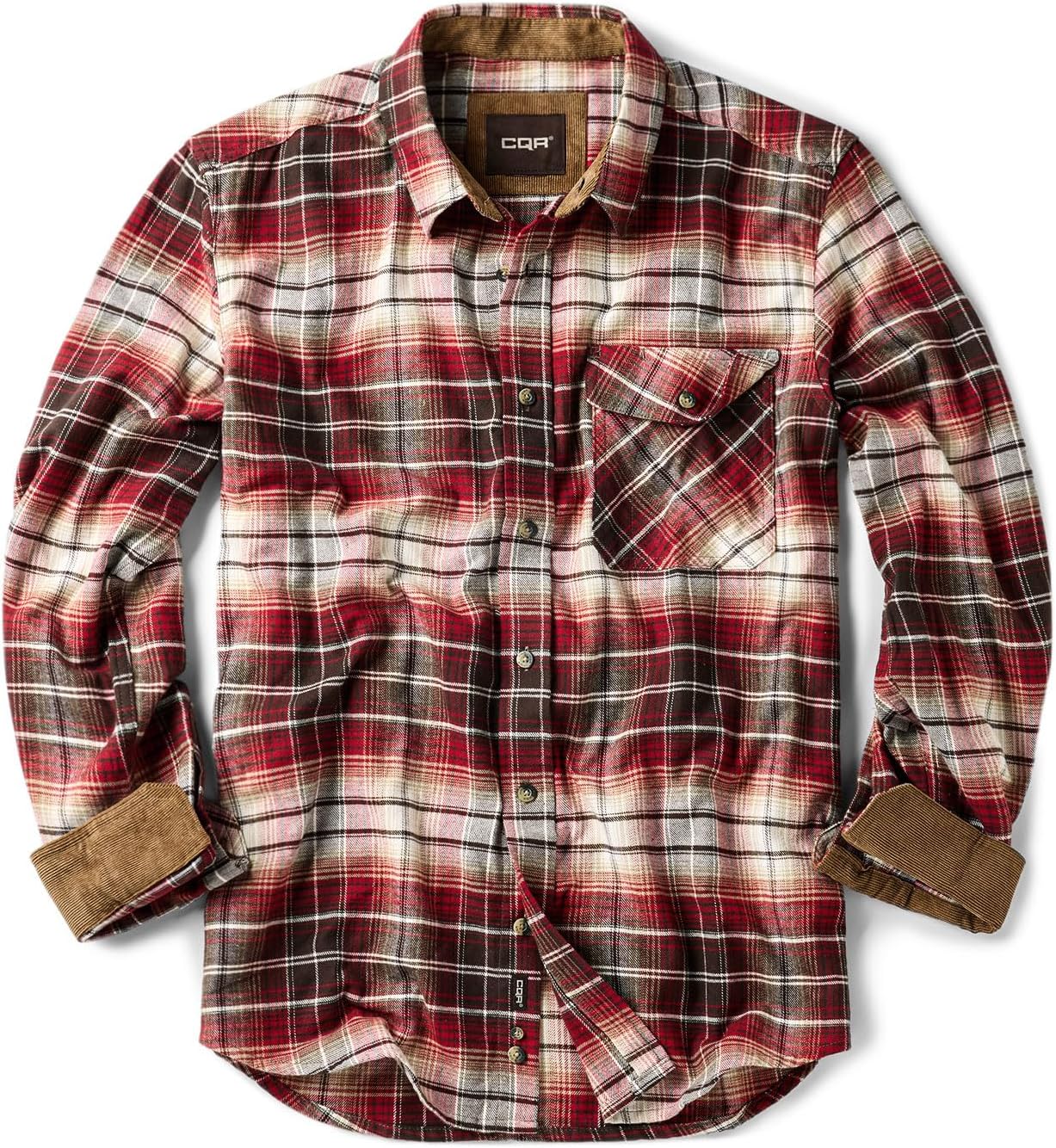 CQR Men's 100% All Cotton Button Down Flannel Shirts, Long Sleeve Brushed Warm Soft Casual Outdoor Plaid Shirt