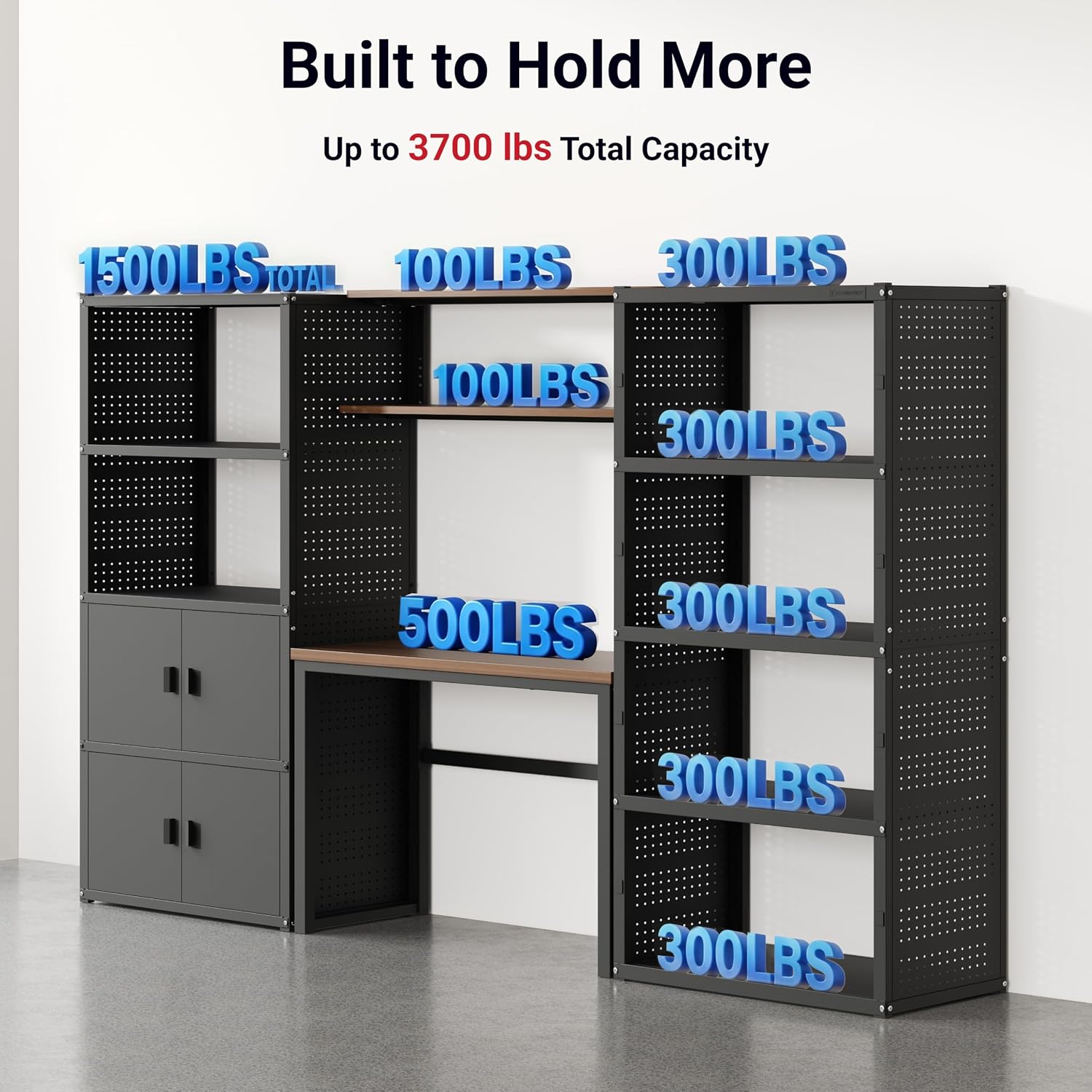 FLEXIMOUNTS 117"W Modular Garage Storage Cabinet with Workbench, Black | 6 Doors, 3700lbs capacity, Metal board shelf includes pegboard, 3-in-1 metal tool cabinet, 24-gauge steel, FLEXIMOD Series